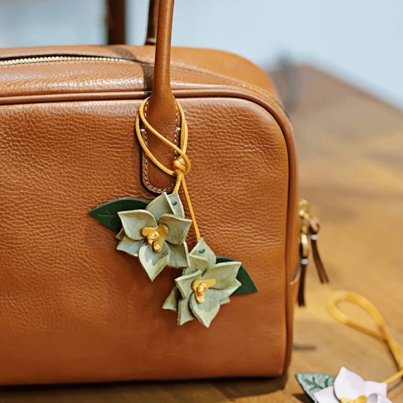 Handcrafted Waxed Leather Double Flower Bag Charm – Vintage-Inspired Floral Pendant with Layered Petals | Artisan Cowhide Handbag Accessory | Elegant Gift for Her