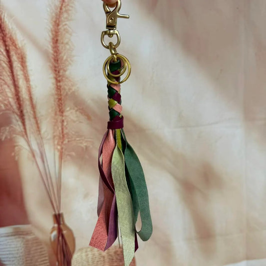 Handcrafted Braided Colorblock Leather Tassel Bag Charm – Full-Grain Cowhide Fringe Pendant with Brass Clasp | Elegant Handbag Accessory