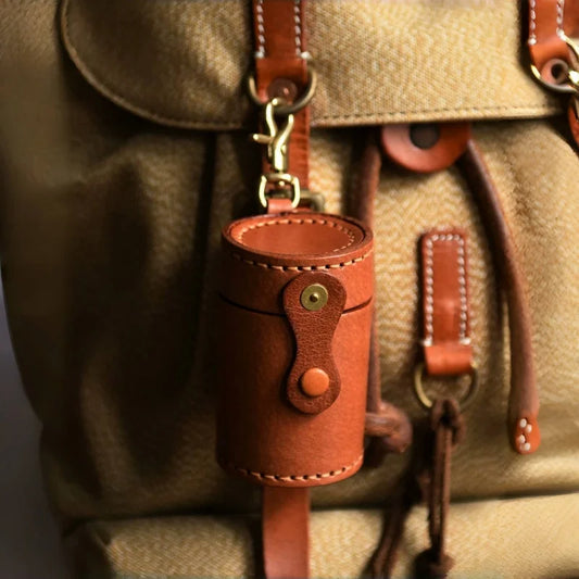 Cylinder Leather Lipstick Charm – Handmade Vegetable-Tanned Leather Case | Hand-Stitched Full-Grain Organizer | Vintage Storage Pendant for Bags & Keys