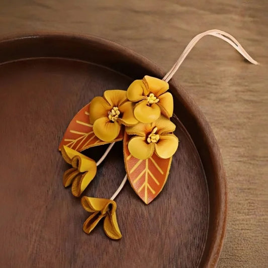 Golden Osmanthus Leather Bag Charm – Handmade Full-Grain Cowhide Floral Pendant | Autumn-Inspired Keychain | Unique Gift Accessory for Women
