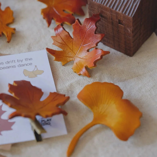 Maple & Ginkgo Leaf Leather Brooch & Hair Clip – Handmade Realistic Autumn Foliage Accessory | Eco-Friendly Forest-Inspired Design | Versatile Pin & Clip