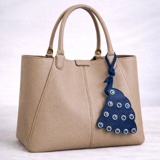 Handcrafted Peacock Leather Bag Charm – Full-Grain Leather Pendant with Crystal Details | Elegant Blue Statement Accessory