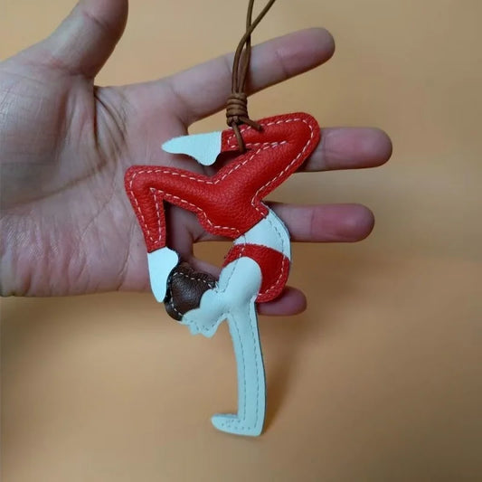 Handcrafted Yoga Girl Leather Bag Charm – Full-Grain Leather Balance Pose Pendant | Artistic Red Statement Accessory | Empowering Gift for Her