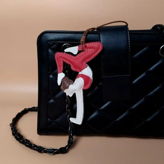 Handcrafted Yoga Girl Leather Bag Charm – Full-Grain Leather Balance Pose Pendant | Artistic Red Statement Accessory | Empowering Gift for Her