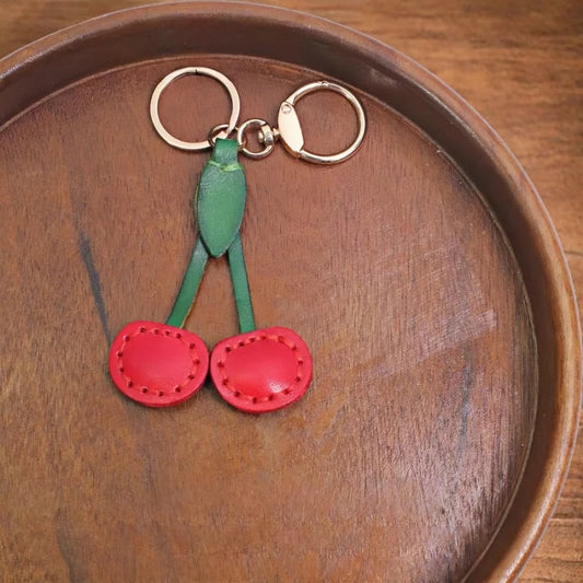 Classic Cherry Leather Bag Charm – Handmade Full-Grain Cowhide Pendant | Artisan Double-Cherry Keychain | Whimsical Accessory for Handbags & Gifts