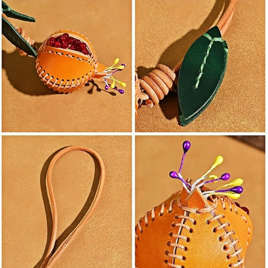 Hand-stitched Leather Pomegranate Charm – Premium Vegetable-tanned Leather Bag Pendant | Creative Accessory for Bags & Keychains
