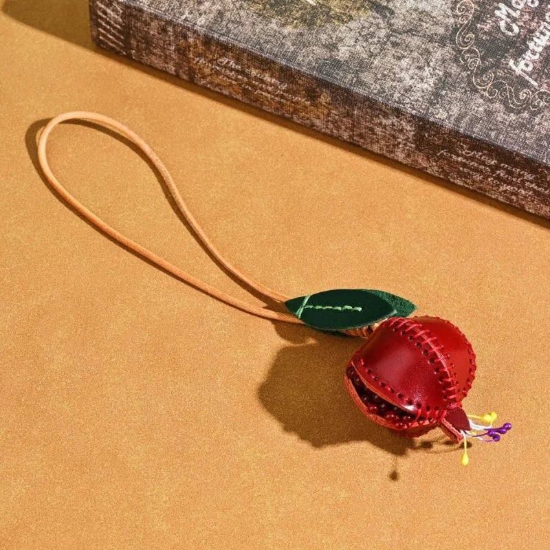 Hand-stitched Leather Pomegranate Charm – Premium Vegetable-tanned Leather Bag Pendant | Creative Accessory for Bags & Keychains