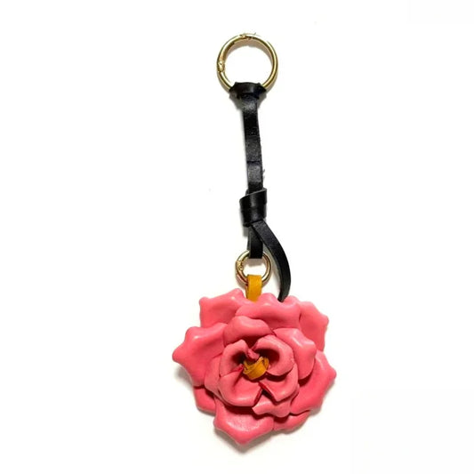 Handcrafted Blooming Rose Leather Bag Charm – Full-Grain Cowhide 3D Floral Pendant | Elegant Countryside-Inspired Handbag Accessory