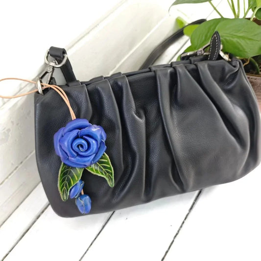 Romantic Rose Leather Bag Charm – Handmade Full-Grain Leather Flower Pendant | Artisan Floral Keychain for Couples & Friends | Elegant Ins-Style Gift Accessory