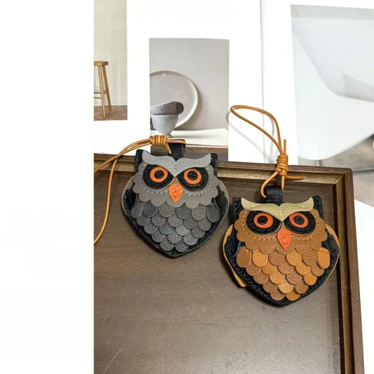 Vintage-Style Leather Owl Bag Charm – Handmade Multilayer Full-Grain Leather Pendant Keychain | Cute Animal-Inspired Accessory | Gift for Couples & Friends