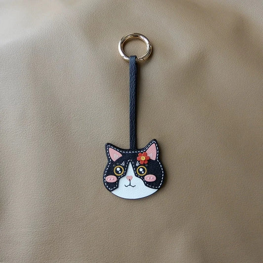 Playful Cat Leather Bag Charm – Handcrafted Lambskin Color-Block Keychain | Cute Yet Elegant Handbag Accessory | Artisan Animal Charm Gift for Her