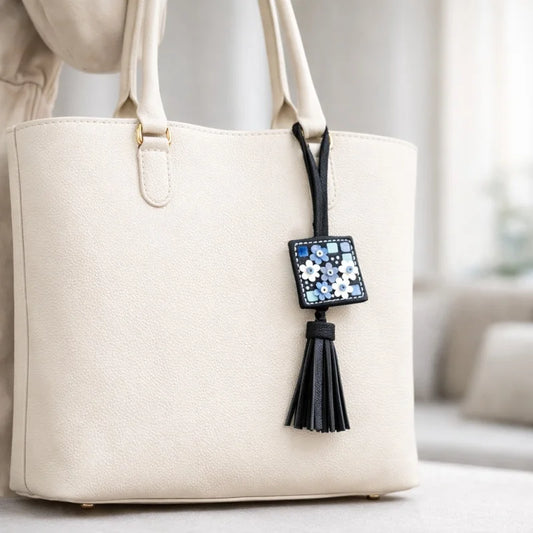 Nordic Mosaic Floral Leather Bag Charm – Handmade Full-Grain Leather Tassel Keychain | Elegant Artisan Pendant for Handbags | Gift for Her