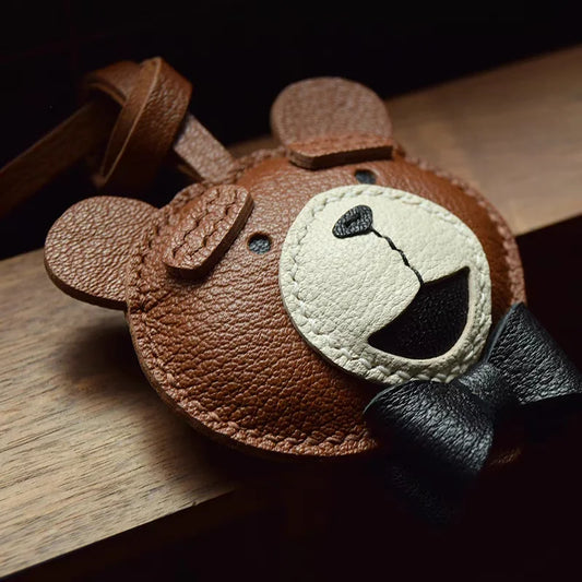 Teddy Bear Leather Bag Charm – Handcrafted Full-Grain Lambskin Pendant with Bow Tie | Premium Stitching | Elegant and Playful Gift for Her