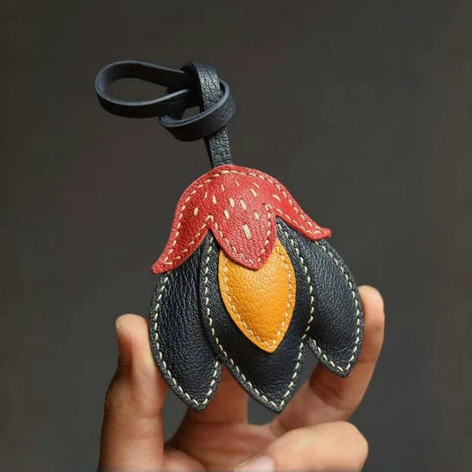 Handmade Leather Tulip Bag Charm – Original Red-Orange & Yellow Petal Design | Full-Grain Leather Pendant & Keychain | Minimalist Artistic Handbag Accessory