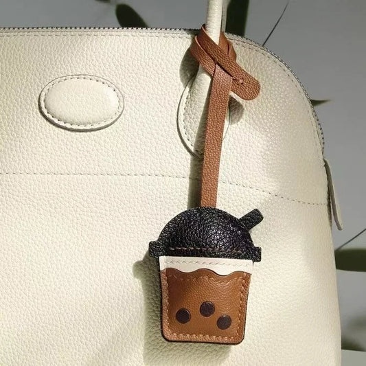 Bubble Tea Cup Leather Bag Charm – Handmade Full-Grain Sheepskin Keychain | Cute Boba Drink Pendant | Creative Accessory for Handbags & Keys