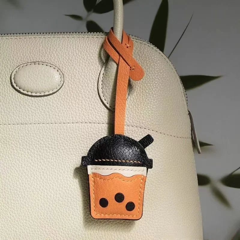 Bubble Tea Cup Leather Bag Charm – Handmade Full-Grain Sheepskin Keychain | Cute Boba Drink Pendant | Creative Accessory for Handbags & Keys