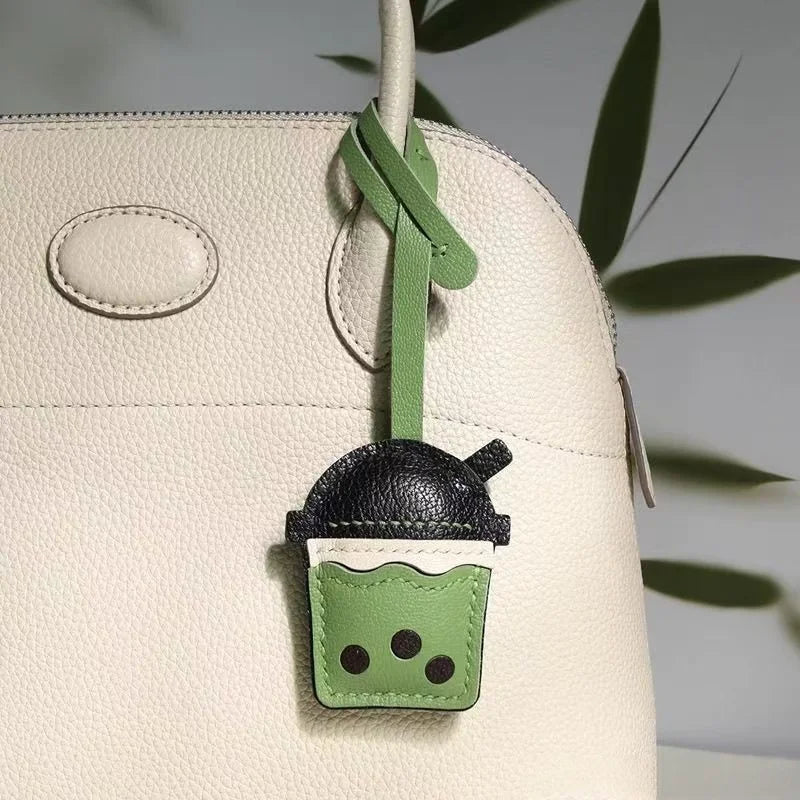 Bubble Tea Cup Leather Bag Charm – Handmade Full-Grain Sheepskin Keychain | Cute Boba Drink Pendant | Creative Accessory for Handbags & Keys