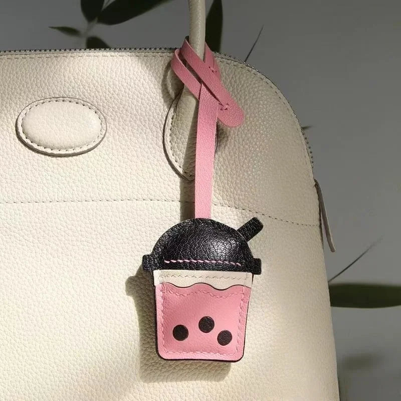 Bubble Tea Cup Leather Bag Charm – Handmade Full-Grain Sheepskin Keychain | Cute Boba Drink Pendant | Creative Accessory for Handbags & Keys