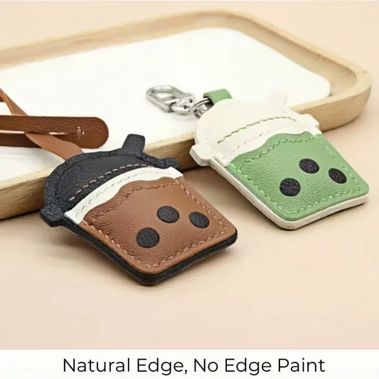 Bubble Tea Cup Leather Bag Charm – Handmade Full-Grain Sheepskin Keychain | Cute Boba Drink Pendant | Creative Accessory for Handbags & Keys