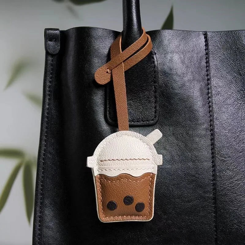 Bubble Tea Cup Leather Bag Charm – Handmade Full-Grain Sheepskin Keychain | Cute Boba Drink Pendant | Creative Accessory for Handbags & Keys