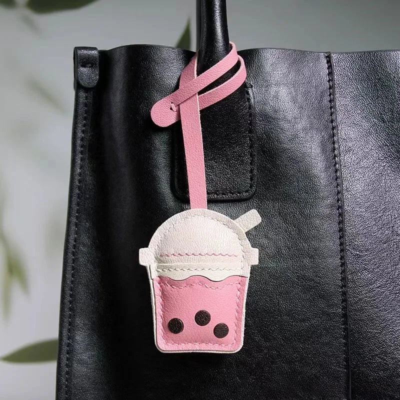 Bubble Tea Cup Leather Bag Charm – Handmade Full-Grain Sheepskin Keychain | Cute Boba Drink Pendant | Creative Accessory for Handbags & Keys