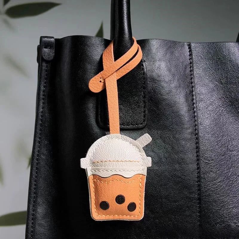 Bubble Tea Cup Leather Bag Charm – Handmade Full-Grain Sheepskin Keychain | Cute Boba Drink Pendant | Creative Accessory for Handbags & Keys