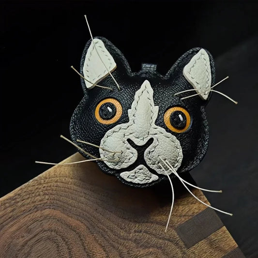 Black and White Cat Leather Bag Charm – Handmade Lambskin Pendant | Cute Cat Face Keychain | Whisker-Inspired Accessory & Gift for Women