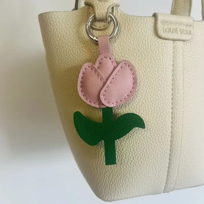 Pastel Tulip Leather Bag Charm – Handmade Full-Grain Leather Pendant | Sweet Minimalist Flower Keychain | Elegant Gift for Women