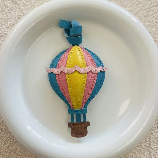 Handmade Leather Hot Air Balloon Bag Charm & Keychain – Artisan Leather Pendant with Soft Color Blocking | Three Color Options | Gift for Her
