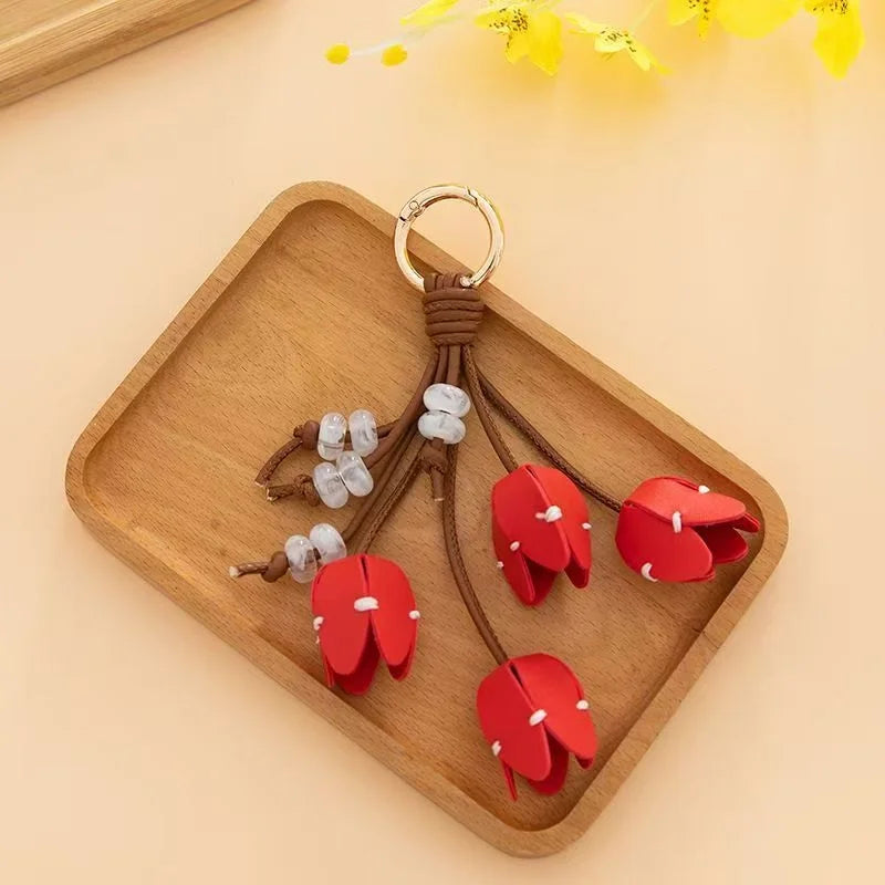 Tulip Blossom Leather Bag Charm – Handmade Bouquet Keychain Pendant | Dopamine Beaded Floral Accessory | Elegant Handbag Decoration for Women