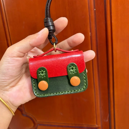 Vintage Mini Leather Earphone Bag Charm – Handmade Full-Grain Leather Colorblock Keychain | Unisex Retro Bag Accessory | Handcrafted Functional Pouch