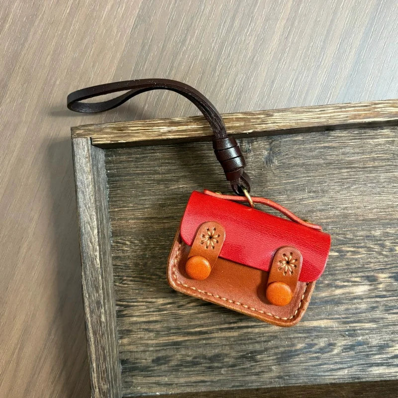 Vintage Mini Leather Earphone Bag Charm – Handmade Full-Grain Leather Colorblock Keychain | Unisex Retro Bag Accessory | Handcrafted Functional Pouch