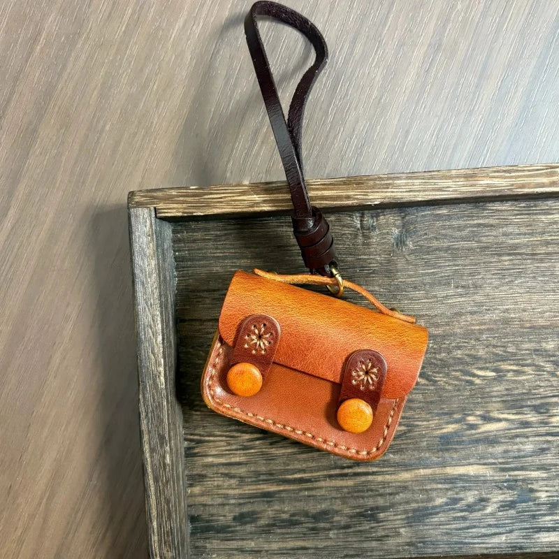 Vintage Mini Leather Earphone Bag Charm – Handmade Full-Grain Leather Colorblock Keychain | Unisex Retro Bag Accessory | Handcrafted Functional Pouch