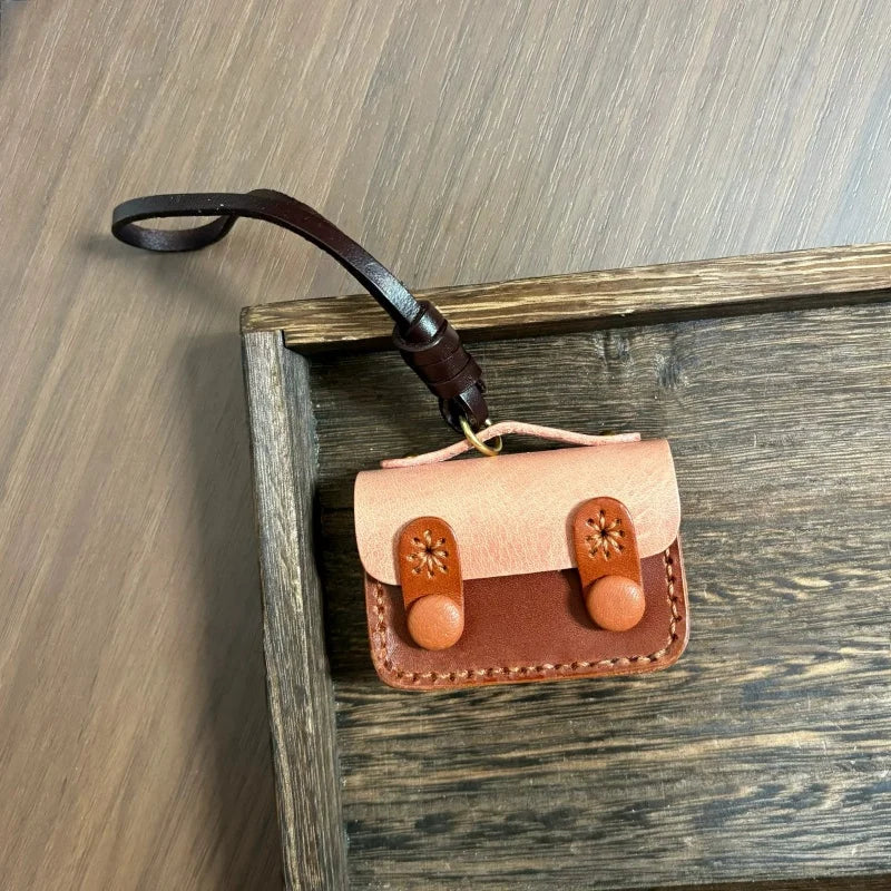 Vintage Mini Leather Earphone Bag Charm – Handmade Full-Grain Leather Colorblock Keychain | Unisex Retro Bag Accessory | Handcrafted Functional Pouch