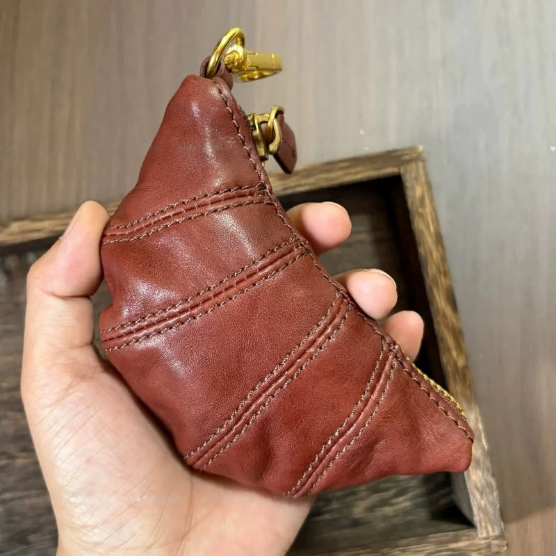 Croissant Leather Pouch Charm – Handmade Full-Grain Leather Mini Organizer | Lipstick & Coin Holder | Creative Vintage Bag Pendant