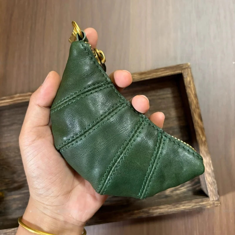 Croissant Leather Pouch Charm – Handmade Full-Grain Leather Mini Organizer | Lipstick & Coin Holder | Creative Vintage Bag Pendant