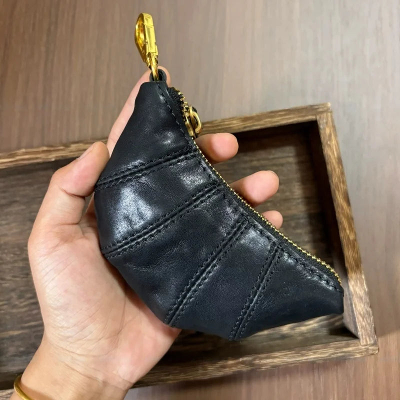 Croissant Leather Pouch Charm – Handmade Full-Grain Leather Mini Organizer | Lipstick & Coin Holder | Creative Vintage Bag Pendant