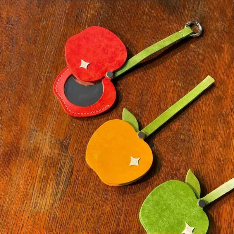 Apple-Themed Leather Mirror Bag Charm – Handmade Full-Grain Leather Compact Mirror | Cute Accessory for Handbags, Travel & Everyday Touch-Ups
