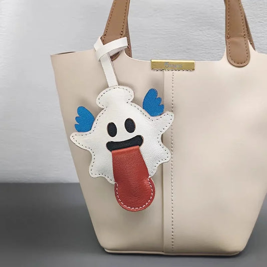Playful Ghost Leather Bag Charm – Handmade French Lambskin Pendant with Blue Wings | Whimsical Backpack Accessory | Cute Halloween-Inspired Luxury Keychain