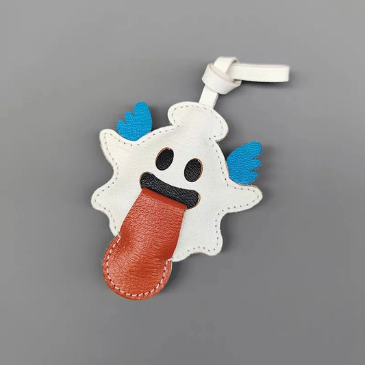 Playful Ghost Leather Bag Charm – Handmade French Lambskin Pendant with Blue Wings | Whimsical Backpack Accessory | Cute Halloween-Inspired Luxury Keychain