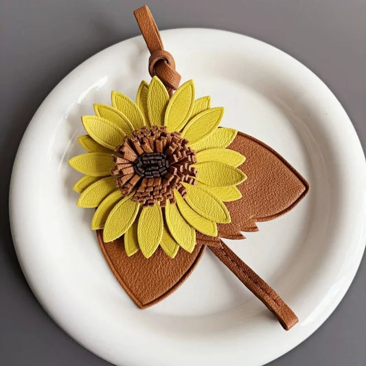 Sunflower Leather Bag Charm – Handmade Full-Grain Cowhide Pendant | Unique Artistic Keychain | Elegant Floral Handbag Accessory
