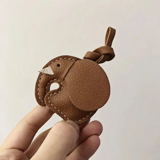 Minimalist Handcrafted Elephant Bag Charm | Double-Sided Full-Grain Leather Purse Accessory | Symbol of Luck & Wisdom Key Fob