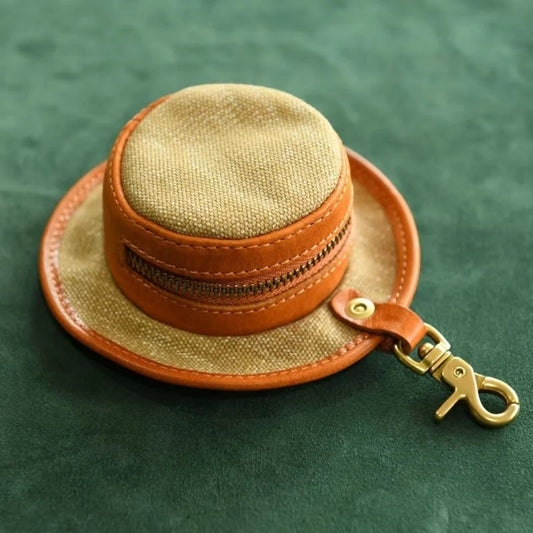 Vintage Canvas & Leather Hat Charm – Mini Lipstick Holder Coin Purse | Creative Bag Pendant Accessory | Cute Retro Organizer with Zipper