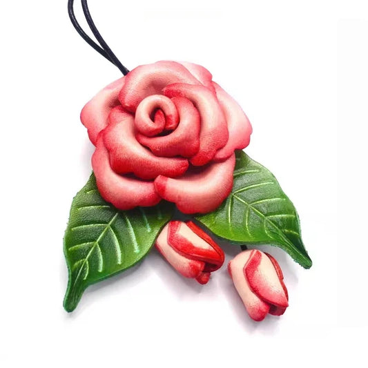 Romantic Blooming Rose Leather Bag Charm – Handmade Full-Grain Leather Flower Pendant | Artistic Accessory for Handbags | Timeless Gift for Women