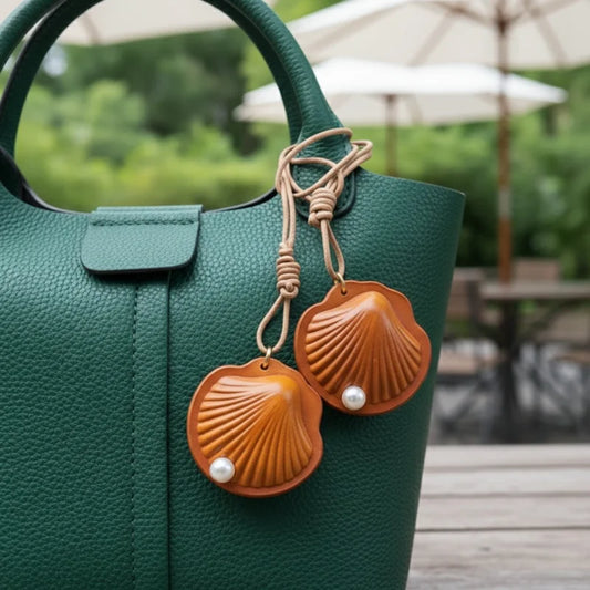 Elegant Scallop Shell Full-Grain Leather Bag Charm | Double-Sided Vintage-Style Purse Accessory with Faux Pearl Accent | Luxurious Collectible Key Fob