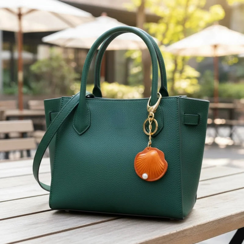 Elegant Scallop Shell Full-Grain Leather Bag Charm | Double-Sided Vintage-Style Purse Accessory with Faux Pearl Accent | Luxurious Collectible Key Fob