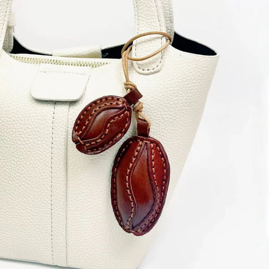 Nordic Coffee Bean Leather Bag Charm – Handmade Full-Grain Cowhide Pendant | Minimalist Double Charm Keychain | Symbol of Warmth & Comfort