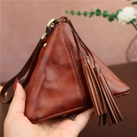 Vintage Leather Triangle Pouch – Handmade Cowhide Lipstick & Coin Case | Mini Zipper Bag Charm with Tassel | Retro Gift & Organizer