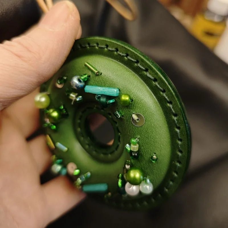 Handcrafted Leather Donut Bag Charm – Premium Full - Grain Leather Pendant with Beaded Sprinkles | Cute Donut Keychain | Whimsical Gift for Bags & Cars - Tomlynam