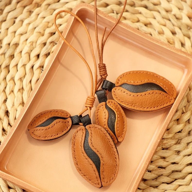 French Lambskin Coffee Bean Bag Charm – Handcrafted Dual - Tone Leather Keychain | Vintage - Inspired Pendant for Handbags & Cars | Unique Gift for Coffee Lovers - Tomlynam
